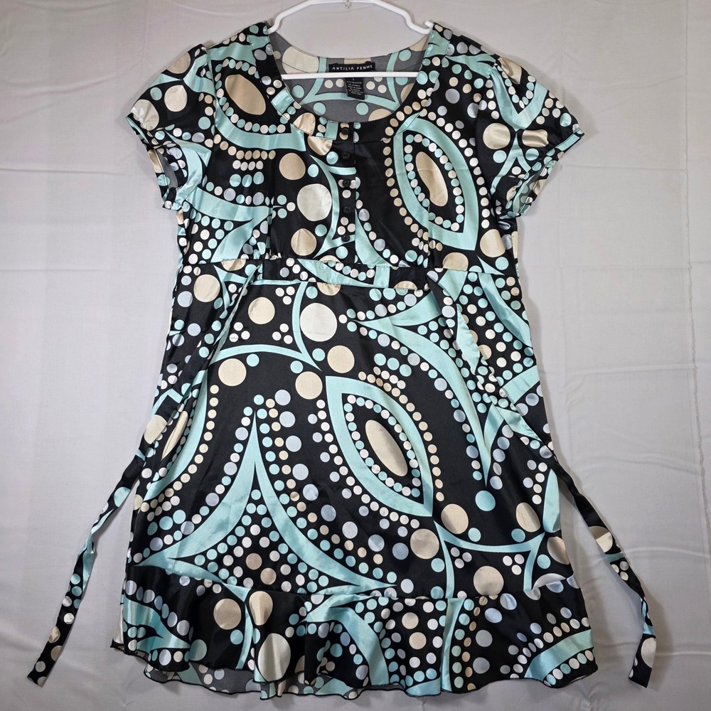 Antilia Femme Women Large Blue Black Geometric Satin Ruffle Tunic Dress Tie Back